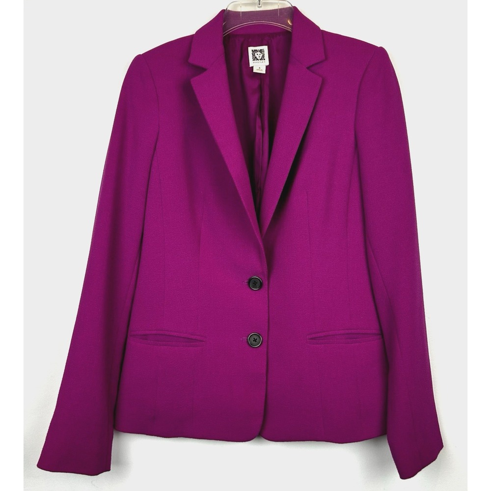 Anne Klein Blazer Blazer Women 4 Jacket Career Office Purple Solid 2 Button Read